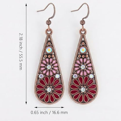 Bohemian Crystal Teardrop Dangle Earrings, Copper, Tribal Geometric Design, Handmade National Style for Women - color: Purple & Red