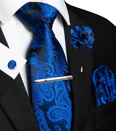 JEMYGINS Mens Paisley Tie and Pocket Square,Lapel Pin,Cufflinks,Tie Clip Sets with Gift Box 5PCS - color: Royal Blue/Black