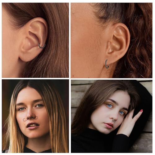 ONESING 20-30 Pcs Septum Rings 16G Septum Jewelry - Surgical Steel Piercings Horseshoe Helix Daith Smiley Tragus Lip Rings Nose Hoop Hinged Seamless Piercing Jewelry for Women Men - color: Black-16G-10mm