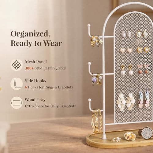 bussdis Jewelry Holder Organizer Earring Display - Earring Storage Tree Stands Towers With 6 Hooks 300 Studs Wood Tray White Metal Rack - color: White