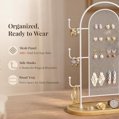 bussdis Jewelry Holder Organizer Earring Display - Earring Storage Tree Stands Towers With 6 Hooks 300 Studs Wood Tray White Metal Rack - color: White