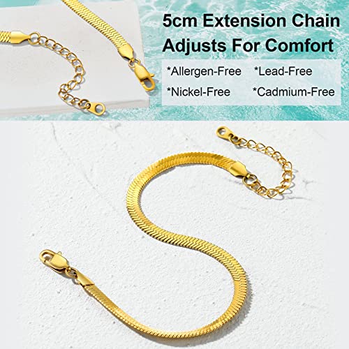 Adjustbale Link Chain Anklet for Women Summer Jewelry, 316L Stainless Steel Figaro/Wheat/Twist Rope/Cuban Foot Bracelet-Waterproof, Resizable 9"-12" (Gift Box Included) - color: 6, Herringbone - Gold-5mm