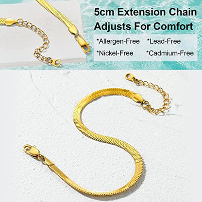 Adjustbale Link Chain Anklet for Women Summer Jewelry, 316L Stainless Steel Figaro/Wheat/Twist Rope/Cuban Foot Bracelet-Waterproof, Resizable 9"-12" (Gift Box Included) - color: 6, Herringbone - Gold-5mm