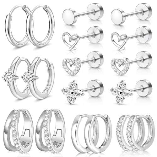 Nunpag 9 Pairs 14K Gold Plated Chunky Huggie Hoop Earrings Set for Women Hypoallergenic Stainless Steel Lightweight Small Earring Stacks for Multiple Piercings Non Tarnish Jewelry Gift Twisted 8-12mm - color: 18Pcs-Silver