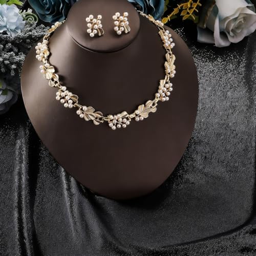 Fashion Bride Silver Gold Plated Black 1920s Leaf Faux Pearls Necklace Earrings Set Wedding Jewelry Set Sparkly Choker Necklace Stud Earrings Set for Women Christmas Gift Set for Women Necklace and Earrings - color: Gold Plated