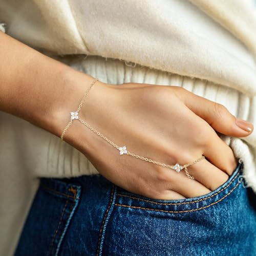 Emibele Gold Bracelets for Women, 18K Gold Plated Hand Chain, Cubic Zirconia Stainless Steel Non Tarnish Hand Chain Bracelet with Finger Ring, Adjustable Trendy Jewelry Valentines Day Gifts for Women - style: Four Leaf Flower