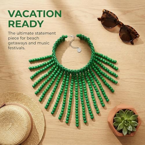 Coiris Boho African Wooden or Acrylic Beaded Bib Statement Necklace Strands Layered Cluster Chunky Collar Choker Wood Necklace for Women Fashion Costume Jewelry - color: Green