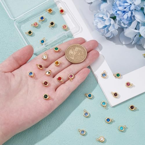 UNICRAFTALE 18K Gold Plated Flat Round Real Birthstone Charms Rhinestone Pendants Crystal Glass Charms Metal Dangle Pendants for DIY Bracelets Necklaces Jewelry Making - color: Multicolor