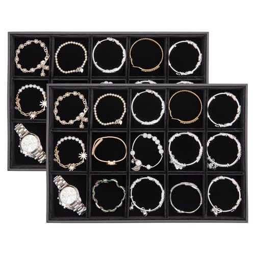 Polmart Stackable 15-Grid Jewelry Organizer/Storage/Display Trays, Black Velvet (2-Pack) - color: Black Velvet