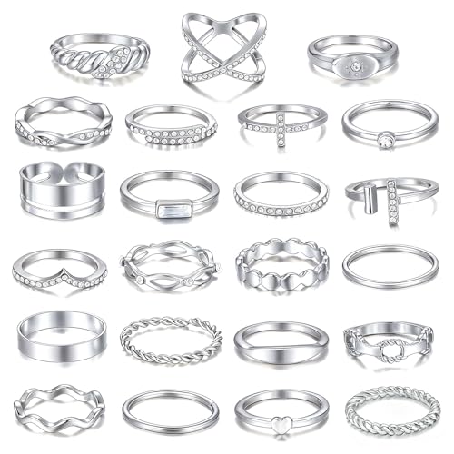 iF YOU 25 Pcs Gold Stackable Ring Set for Women, Chunky Knuckle Finger Midi Rings, Silver Simple Stacking Cute Rings Pack Trendy Stuff Jewelry Gift - style: 23 Silver sparkling rings