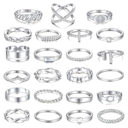 iF YOU 25 Pcs Gold Stackable Ring Set for Women, Chunky Knuckle Finger Midi Rings, Silver Simple Stacking Cute Rings Pack Trendy Stuff Jewelry Gift - style: 23 Silver sparkling rings