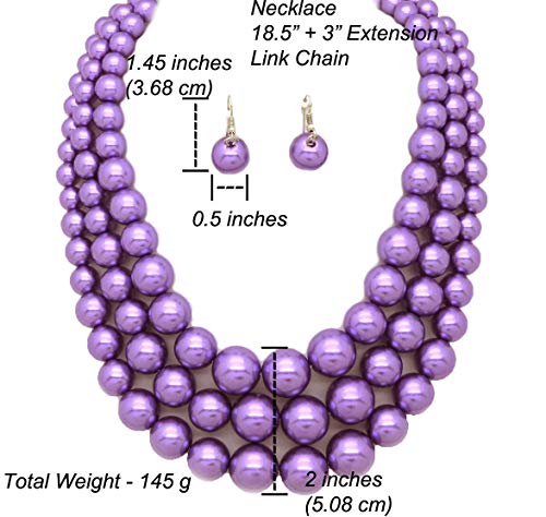 Fashion 21 Women's Faux Pearl Three Multi-Strand Statement Necklace and Earrings Set - color: Lavender