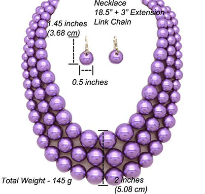 Fashion 21 Women's Faux Pearl Three Multi-Strand Statement Necklace and Earrings Set - color: Lavender