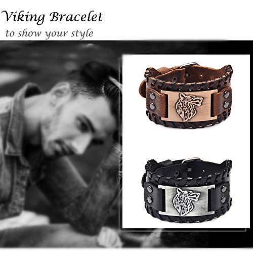 GelConnie Viking Bracelet Punk Leather Cuff Bracelet Gothic Leather Wristband Bracelet with Nordic Amulet Scandinavian Talisman Celtic Pagan Jewelry - color: Black Wolf