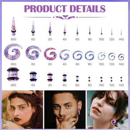 54/102Pcs Ear Stretching Kit 14G-00G Acrylic Ear Gauge Stretching Kit with Heart Plugs Gauge Tapers Ear Tunnels Horseshoes Taper Spiral Tapers Gauges Ear Expanders for Men Women - color: Pink & Purple
