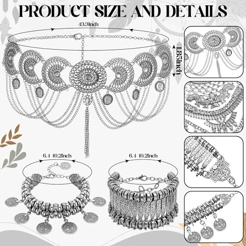 Liliaafar 5 Pcs Boho Jewelry Set Waist Chain, Coin Statement Necklace, Coin Hand Bracelet Dangle Earrings for Women Silver