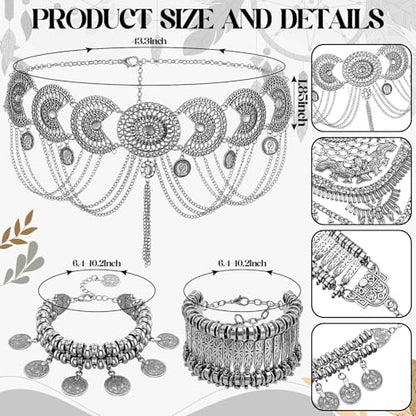 Liliaafar 5 Pcs Boho Jewelry Set Waist Chain, Coin Statement Necklace, Coin Hand Bracelet Dangle Earrings for Women Silver