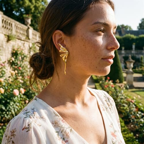 Chunky Gold Plated Flower Statement Drop Earrings for Women | Hypoallergenic 18K Gold Plated Textured Petal Wing, Large Statement Dangle Earrings for Wedding Party - color: Golden Butterfly-2
