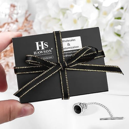 HAWSON Mens Tie Tack with Chain Round Crystal Wedding Business Accessories - color: Silver + Jet