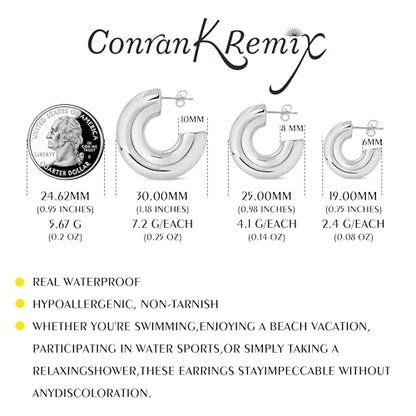 CONRAN KREMIX Waterproof Chunky Gold Hoops Earrings for Women Non Tarnish, Thick Gold Plated Circle Open Hoop,Lightweight Hollow Earrings Trendy - color: 30MM-Silver