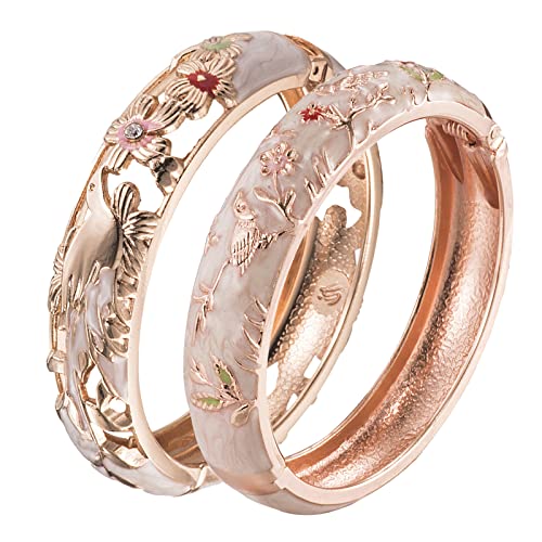 UJOY Cloisonne Indian Bangle Colored Crystal Plated Hinge Cuff Bracelet Hollowed Bird Enamel Jewelry Gift 55C49 - color: 2 Pcs/set-Bird-Cream White