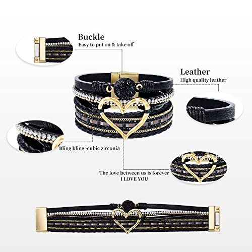 Bracelets for Women, Gifts for Mom Her Christmas Gift 2026 Leather Bracelets for Women Birthday Gift for Daughter Inspirational Wrap Bracelet Sister Friend Teen Girl Gift Layered Stocking Stuffers Jewelry - style: Black - Heart