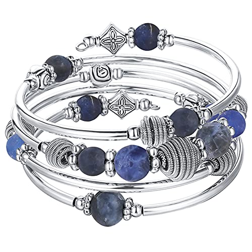 PEARL&CLUB Beaded Chakra Bangle Turquoise Bracelet - Fashion Jewelry Wrap Bracelet with Thick Silver Metal and Mala Beads, Birthday Gifts For Women - color: Navy Blue