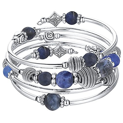 PEARL&CLUB Beaded Chakra Bangle Turquoise Bracelet - Fashion Jewelry Wrap Bracelet with Thick Silver Metal and Mala Beads, Birthday Gifts For Women - color: Navy Blue