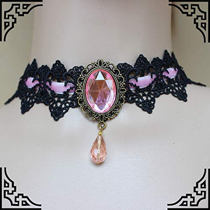 Gothic Lace Choker Vampire Necklace for Women,Black Lace Red Crystal Pendant Necklaces for Halloween,Goth Black Necklace Jewelry Witch Costume Vampire Accessories - style: Style Pink