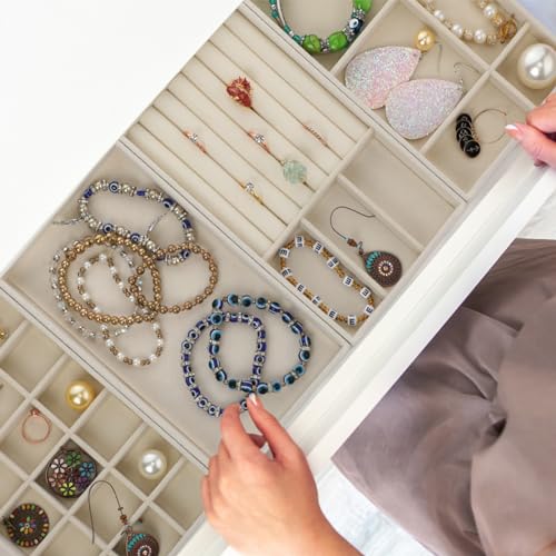 Inbagi 8 Pcs Small Velvet Jewelry Trays Stackable Drawers Organizer Inserts Divided Display Trays for Earring Ring Necklace, Beige