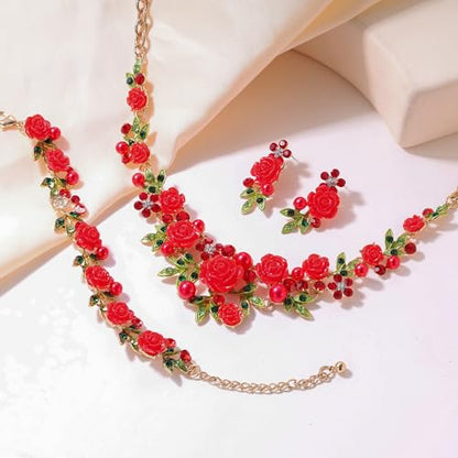 EVER FAITH Costume Jewelry Crystal Simulated Pearl Rose Flower Leaf Prom Party Statement Necklace Earrings Bracelet Set for Women - color: Red Gold-Tone