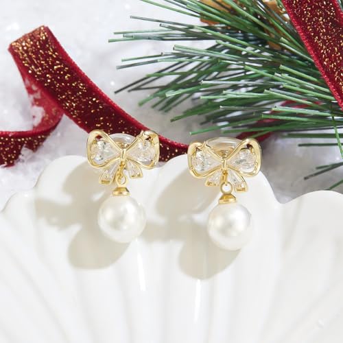 YOQUCOL Golden Bow Clip On Stub,Danle Drop Earrings for Women Simulated Pearl Christmas Xmas Bowknot Non Pierced Earrings - color: Dangle Clip-01