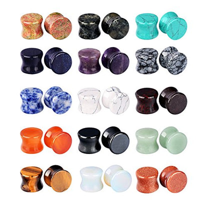 Longbeauty 20/30 Pcs Set Mixed Stone Saddle Double Flared Ear Tunnels Expander Plugs Stretcher 3MM-20MM - style: 15pairs, 00g(10mm)