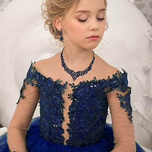 Wedding Statement Necklace Clip-on Earrings Jewelry Set | Sparkling Austrian Crystal Teardrop Cluster for Party Prom Accessories - color: 07-Sapphire Color Black-Tone