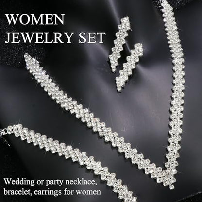 Rhinestone Jewelry Set Crystal Pearl Necklace Bracelet Earrings | Sparkly Necklace Dangle Earrings,Wedding Prom Formal Costume Jewelry Sets for Women - color: Silver2