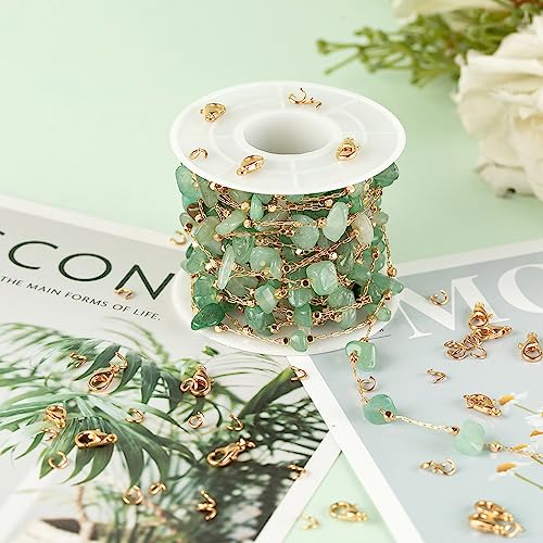 KYUNHOO 16.4 FT Green Raw Gemstones Jewelry Chain for Making Jewelry Crafts | Gold Plated Brass Chains for Necklace Bracelet DIY Thin Paperclip Link Natural Stone Chain with Clasps - color: Natural Stone-Green