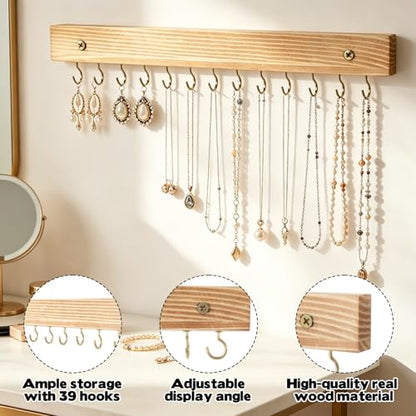Rainmae 3 PCS Necklace Holder Jewelry Organizer Hanger with 39 Hooks Wooden Wall Mounted Jewelry Storage Holder for Necklaces Earrings and Bracelets Decorative Display Rack for Closet Bedroom