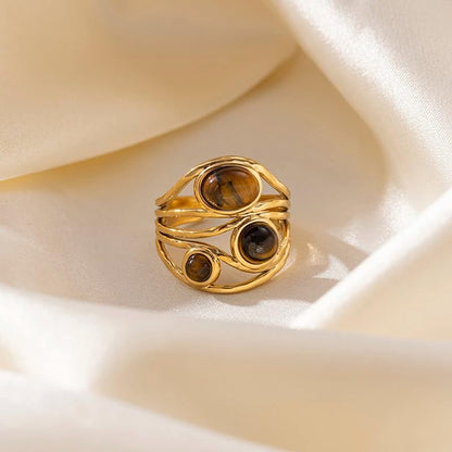 Western Captivating Tiger's Eye Stone Ring,Solitaire 8 * 10mm Oval Cut Gemstone 18K Gold Plated Stack 13mm Wide Ribbed Texture Band Statement Ring for Women - style: Tiger's Eye E