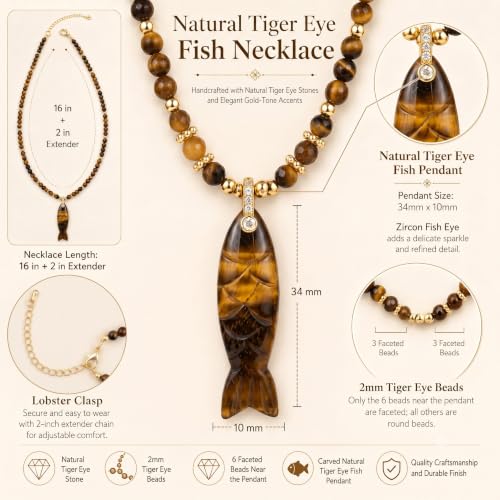 Natural Tiger Eye Fish Pendant Beaded Necklace for Women & Men | 16"+2" Adjustable | Handmade Dainty Protection Stone | Unisex Boho Beach Jewelry | Earthy Vintage Gift