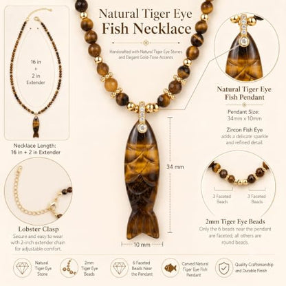 Natural Tiger Eye Fish Pendant Beaded Necklace for Women & Men | 16"+2" Adjustable | Handmade Dainty Protection Stone | Unisex Boho Beach Jewelry | Earthy Vintage Gift