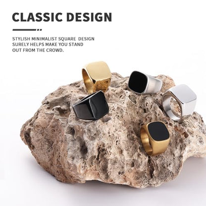Men's Stainless Steel Square Biker Signet Ring, Black Silver Gold Styles | plain flat top, polished and brushed finish options, chunky profile, pinky or thumb styling, gift-ready for dad or him - color: Silver w/ Enamel Top