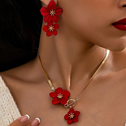Colorful Flower Necklace Earrings Set for Women Gold Snake Chain Toggle Clasp Pendant Necklaces Dainty Double Flowers Statement Earrings Bridal Wedding Summer Beach Jewelry for Women - color: red
