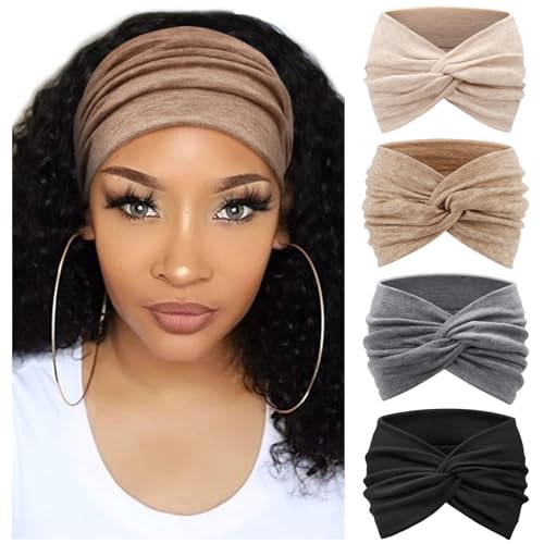 DRESHOW 4 Pack Turban Headbands for Women Wide Vintage Head Wraps Knotted Cute Hair Band Accessories - color: 4 Pcs: Beige, Black, Grayish Yellow, Grey
