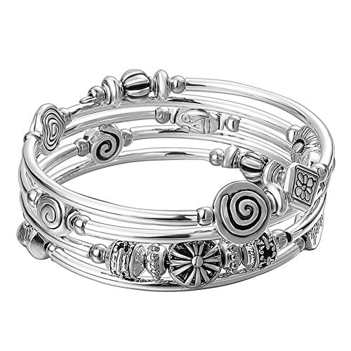 Beaded Pearl Bangle Wrap Bracelet - Fashion Bohemian Jewelry Multilayer Charm Bracelet with Thick Silver Metal Beads, Gift For Women - color: Metal
