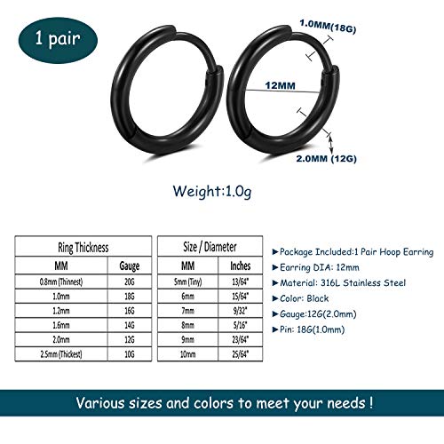 Black Hoop Earrings for Men 8mm 10mm 12mm – Surgical Stainless Steel Hypoallergenic Mens Small to Medium Hoop Earrings Set (3 Pairs) - style: M:1pair,size:12mm,color:black