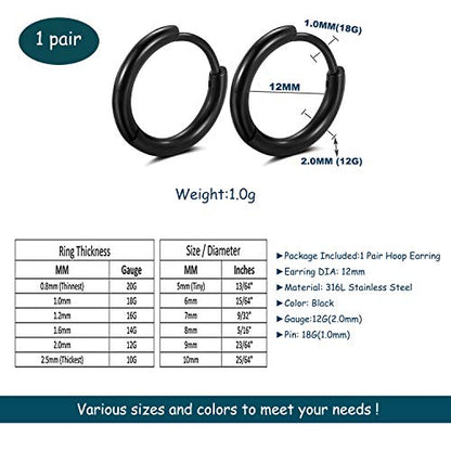 Black Hoop Earrings for Men 8mm 10mm 12mm – Surgical Stainless Steel Hypoallergenic Mens Small to Medium Hoop Earrings Set (3 Pairs) - style: M:1pair,size:12mm,color:black