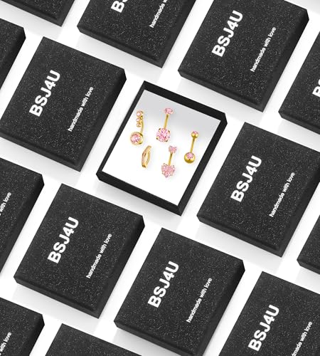 BSJ4U Belly Button Rings Gold Plated Silver Pink Clear CZ Belly Rings for Women Heart Bow Flower Butterfly Teardrop Dangle Navel Belly Button Piercing Jewelry - color: Gold Plated Pink Classic Belly Button Rings