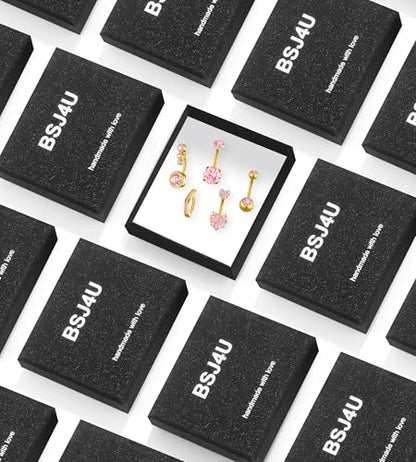 BSJ4U Belly Button Rings Gold Plated Silver Pink Clear CZ Belly Rings for Women Heart Bow Flower Butterfly Teardrop Dangle Navel Belly Button Piercing Jewelry - color: Gold Plated Pink Classic Belly Button Rings