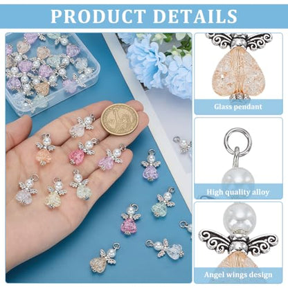 PH PandaHall 30pcs Angel Charms, Mixed Angel Wing Pendants Guardian Charms Heart Glass Bead for Jewelry Necklace Bracelet Earring Making DIY Craft Easter Decoration