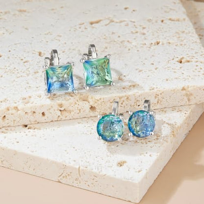 YOQUCOL 2 Pairs 8MM Cubic Zirconia Crystal Clip On Stud Earrings Non Pierced Stud Earrings For Women - color: Aurora-Blue Green